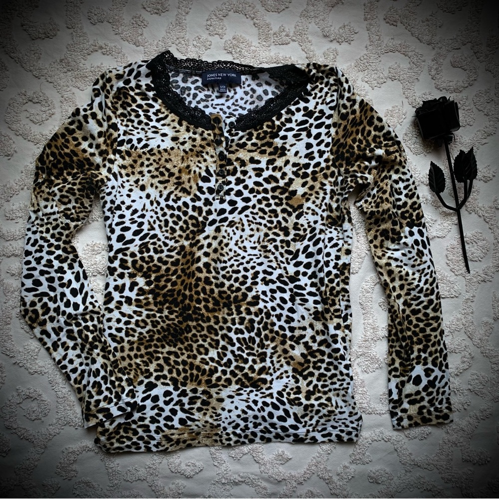 Leopard Print Lace Trim Soft Blouse small